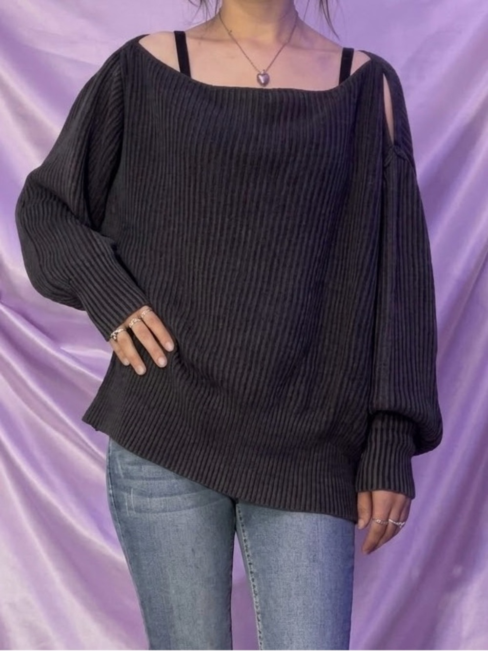 Free People Charcoal Grey Slouchy Cold-Shoulder Knit Sweater cozy indie sleaze